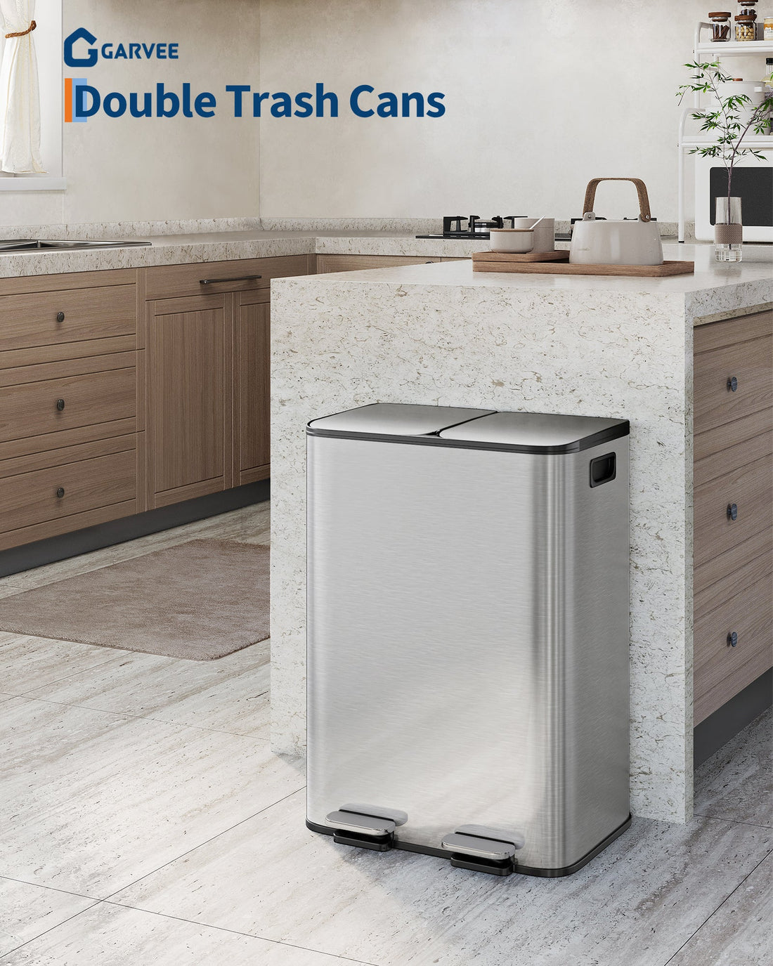 Garvee Poubelle double 2 x 30,3 L en acier inoxydable avec couvercle pour la cuisine et le bureau, argentée, compacte et durable