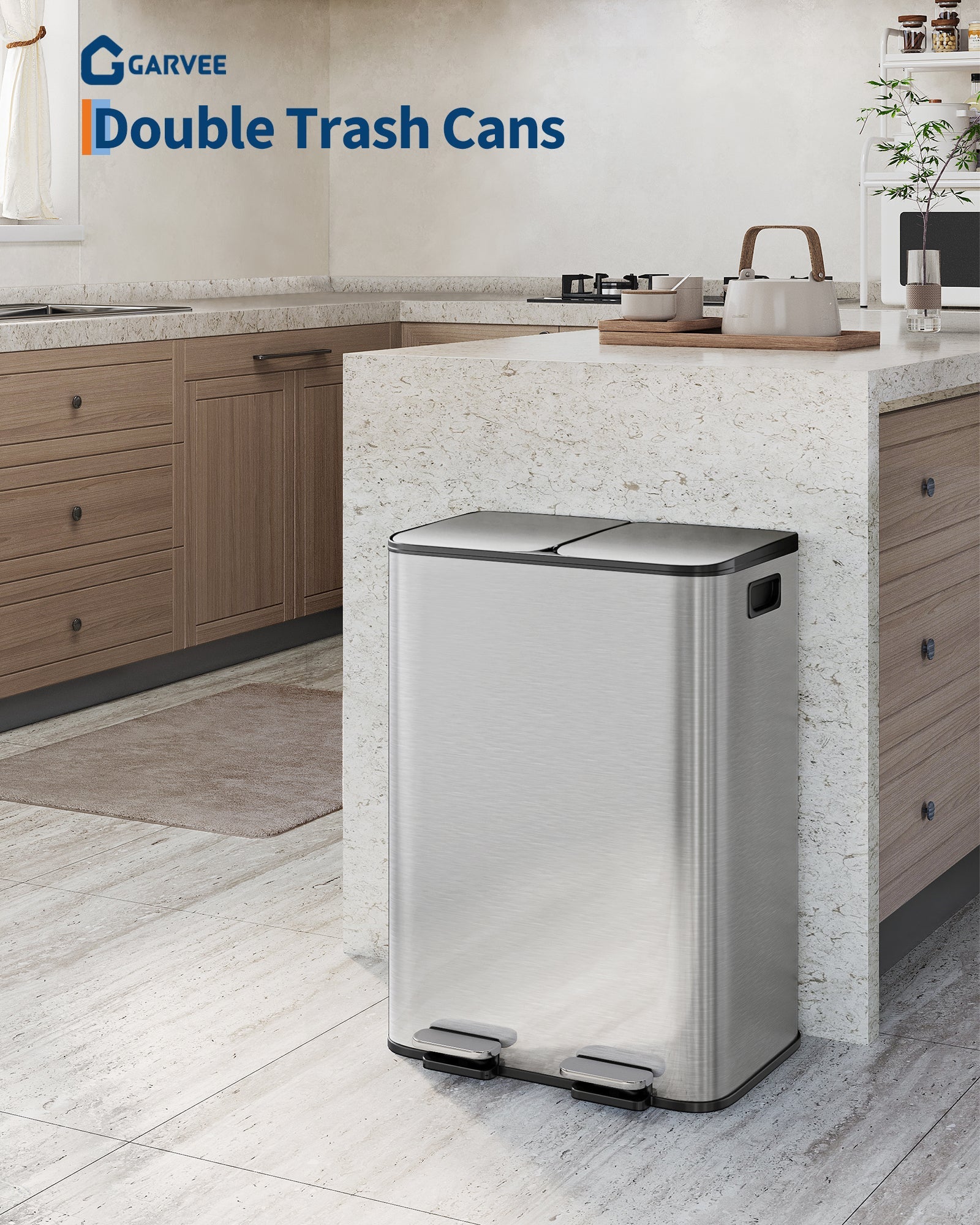 Garvee Poubelle double 2 x 30,3 L en acier inoxydable avec couvercle pour la cuisine et le bureau, argentée, compacte et durable