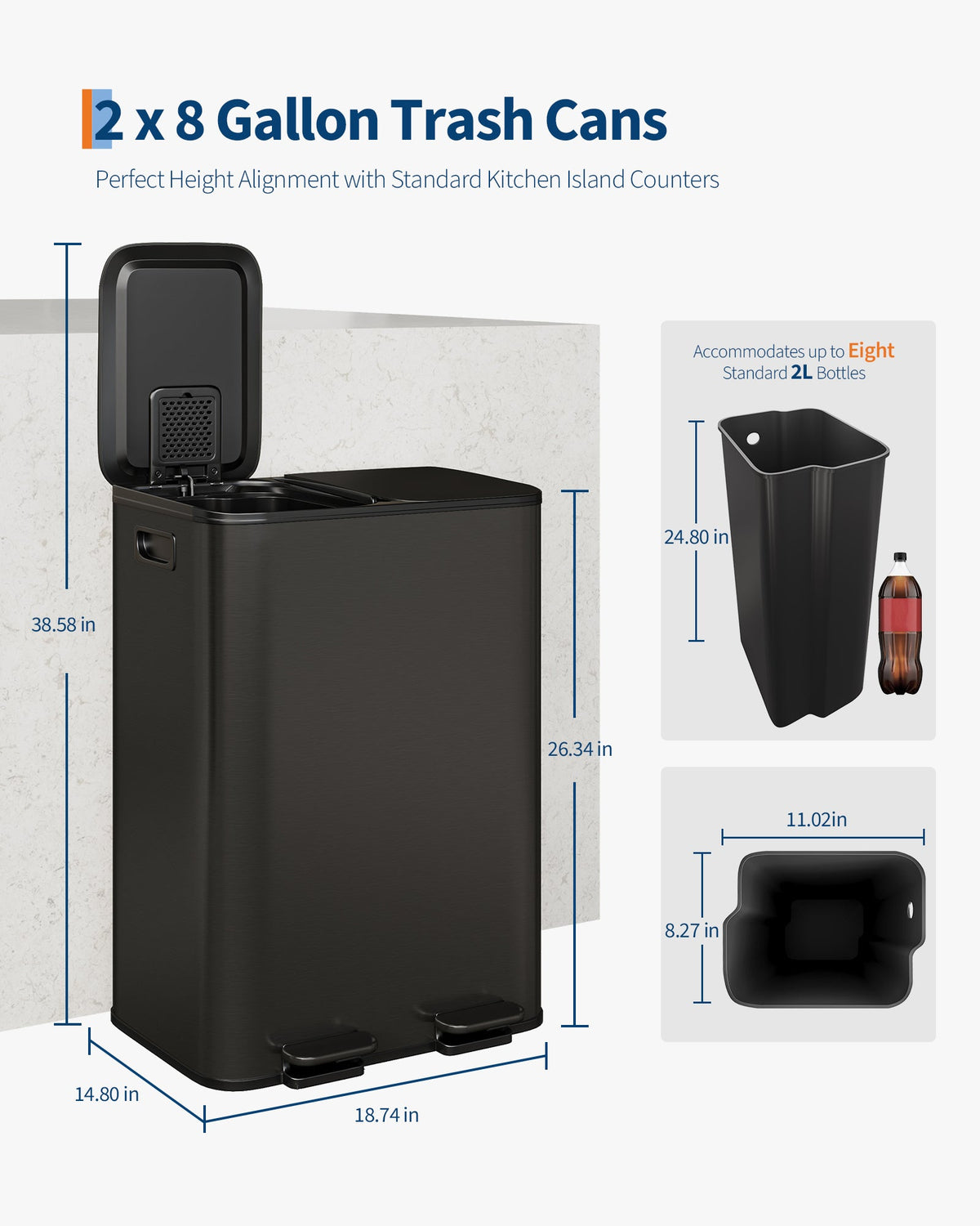 Garvee Poubelle double 2 x 30,3 L en acier inoxydable avec couvercle, mécanisme à pédale pour la cuisine et le bureau, noir mat