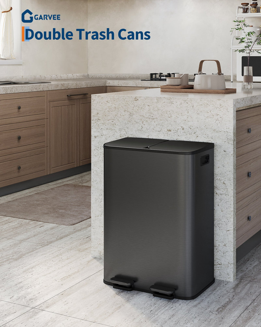 Garvee Poubelle double 2 x 30,3 L en acier inoxydable avec couvercle, mécanisme à pédale pour la cuisine et le bureau, noir mat