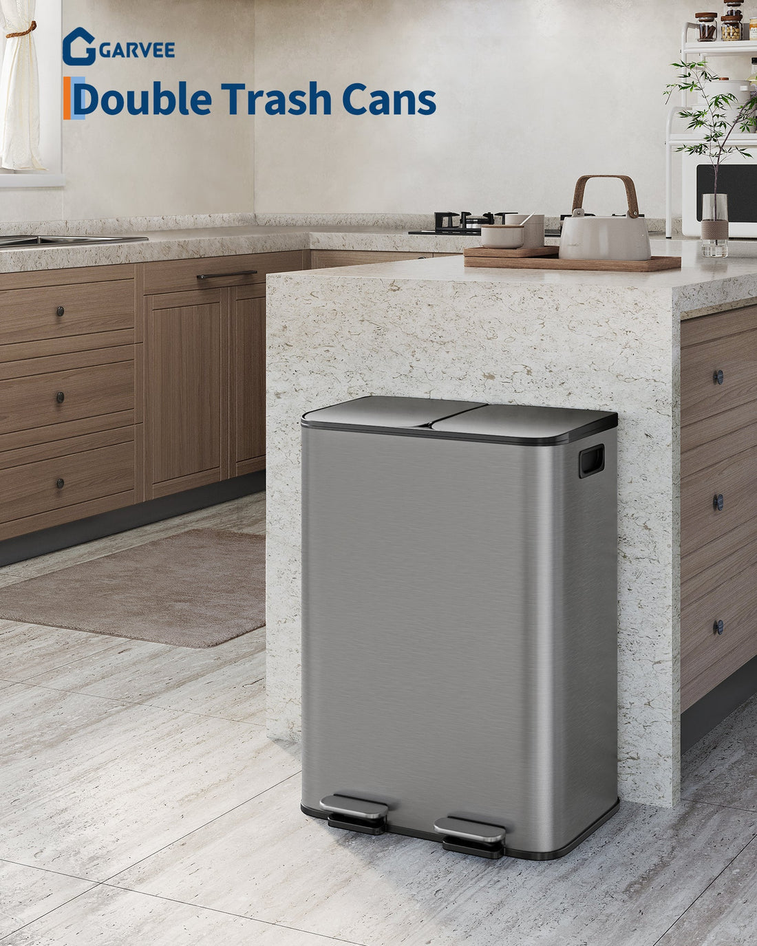 Garvee Poubelle double 2 x 30,3 L en acier inoxydable avec couvercle pour la cuisine et le bureau, gris mat, durable et résistante aux rayures