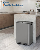 Garvee Poubelle double 2 x 30,3 L en acier inoxydable avec couvercle pour la cuisine et le bureau, gris mat, durable et résistante aux rayures - Gris
