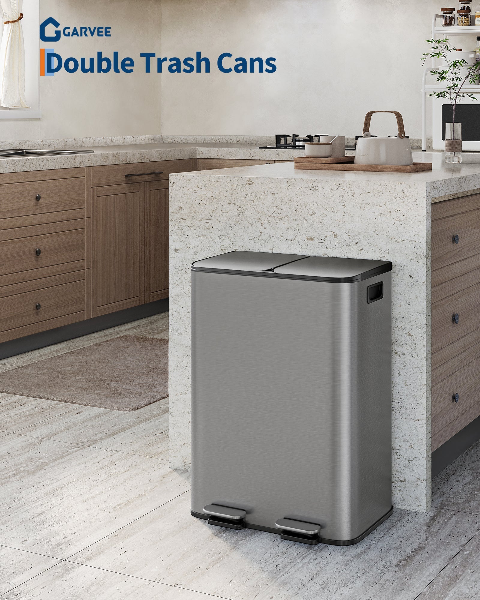 Poubelle double Garvee 2 x 8 gallons en acier inoxydable avec couvercle pour la cuisine et le bureau, gris mat, durable et résistante aux rayures, fermeture douce, compacte