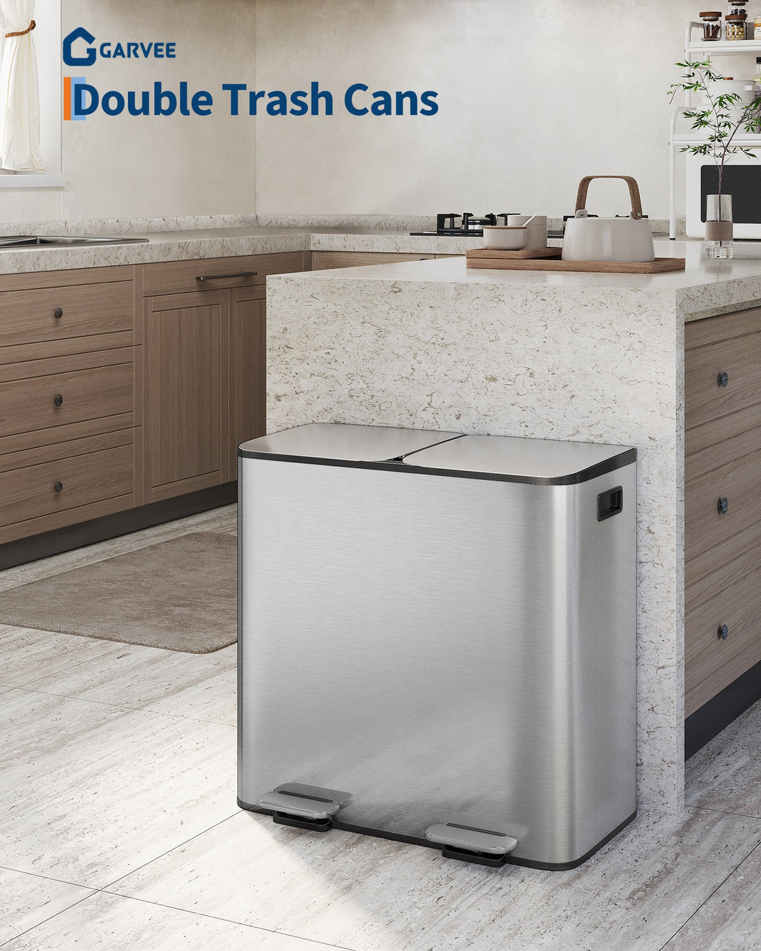 Garvee poubelle double en acier inoxydable, 2 × 40,1 L, couvercle et pédale, pour cuisine et bureau, 64,3 × 40,2 × 64 cm