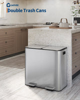 Garvee poubelle double en acier inoxydable, 2 × 40,1 L, couvercle et pédale, pour cuisine et bureau, 64,3 × 40,2 × 64 cm - Argenté