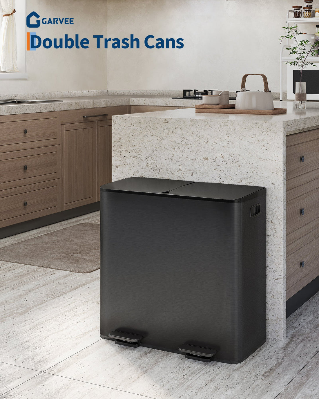 Garvee Poubelle double 2 x 40,1 L en acier inoxydable avec couvercle pour îlots de cuisine, finition noire mate, compacte et silencieuse