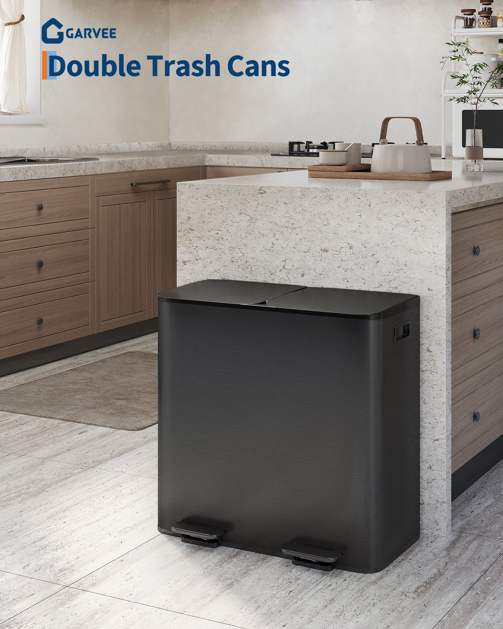 Garvee Poubelle double 2 x 40,1 L en acier inoxydable avec couvercle pour îlots de cuisine, finition noire mate, compacte et silencieuse