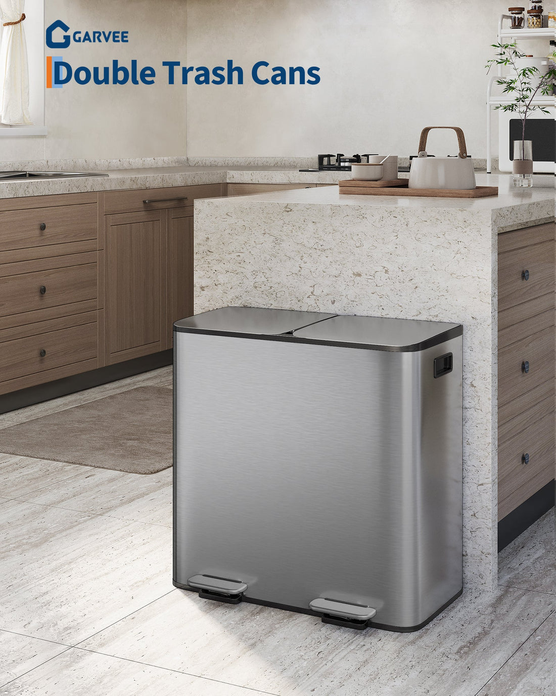 Garvee Poubelle double en acier inoxydable 2 x 40,1 L avec couvercle et pédale pour le recyclage de la cuisine, compacte, gris mat