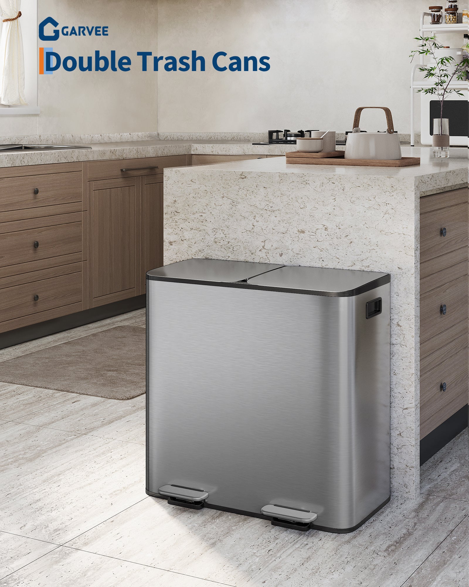 Garvee Poubelle double en acier inoxydable 2 x 40,1 L avec couvercle et pédale pour le recyclage de la cuisine, compacte, gris mat