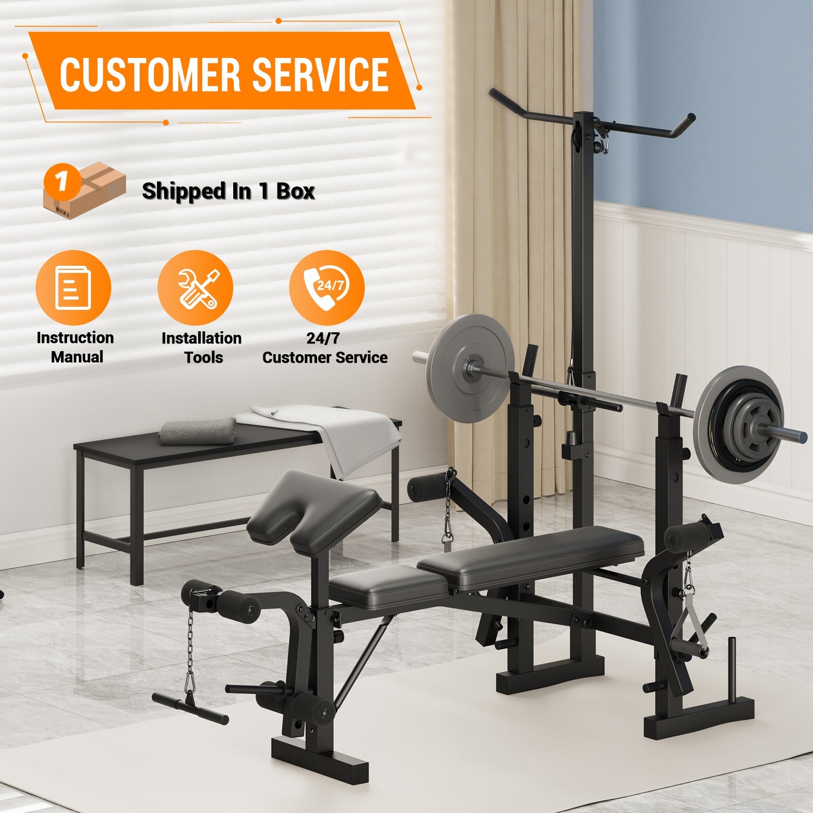Banc de musculation Garvee 7 en 1 avec extension et flexion des jambes pour la musculation à domicile, réglable et pliable, structure en acier 408 kg, noir