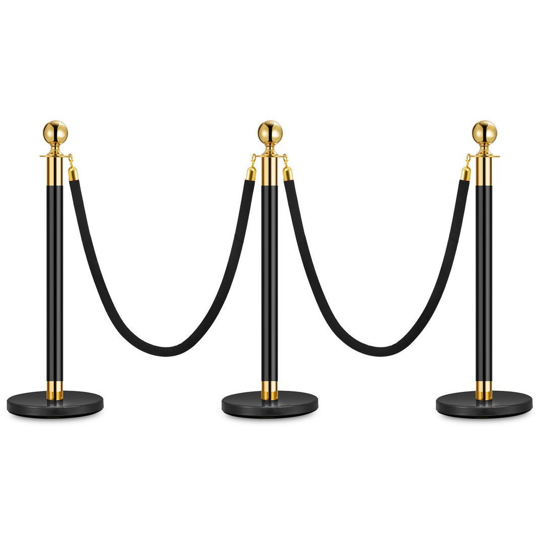 Garvee Lot de 3 Poteaux de Guidage Noir et Or avec 2 Cordons en Velours 1,5 m, Base Lestée, Barrières pour Files d’Attente et Événements