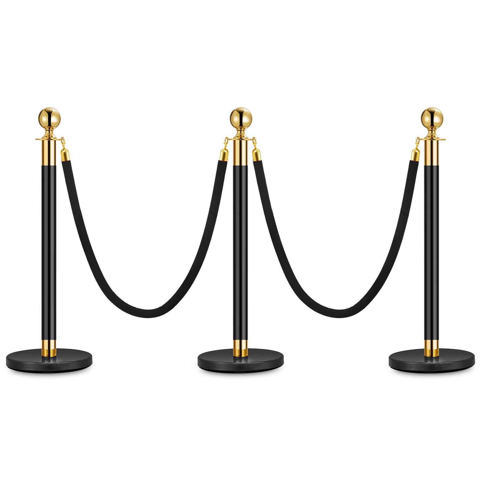 Garvee Lot de 3 Poteaux de Guidage Noir et Or avec 2 Cordons en Velours 1,5 m, Base Lestée, Barrières pour Files d’Attente et Événements