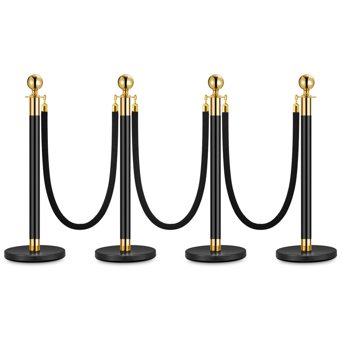 Poteaux de 4 pièces Garvee avec corde en velours noir, acier inoxydable, 1,5 m, noirs, barrières pour fêtes et événements