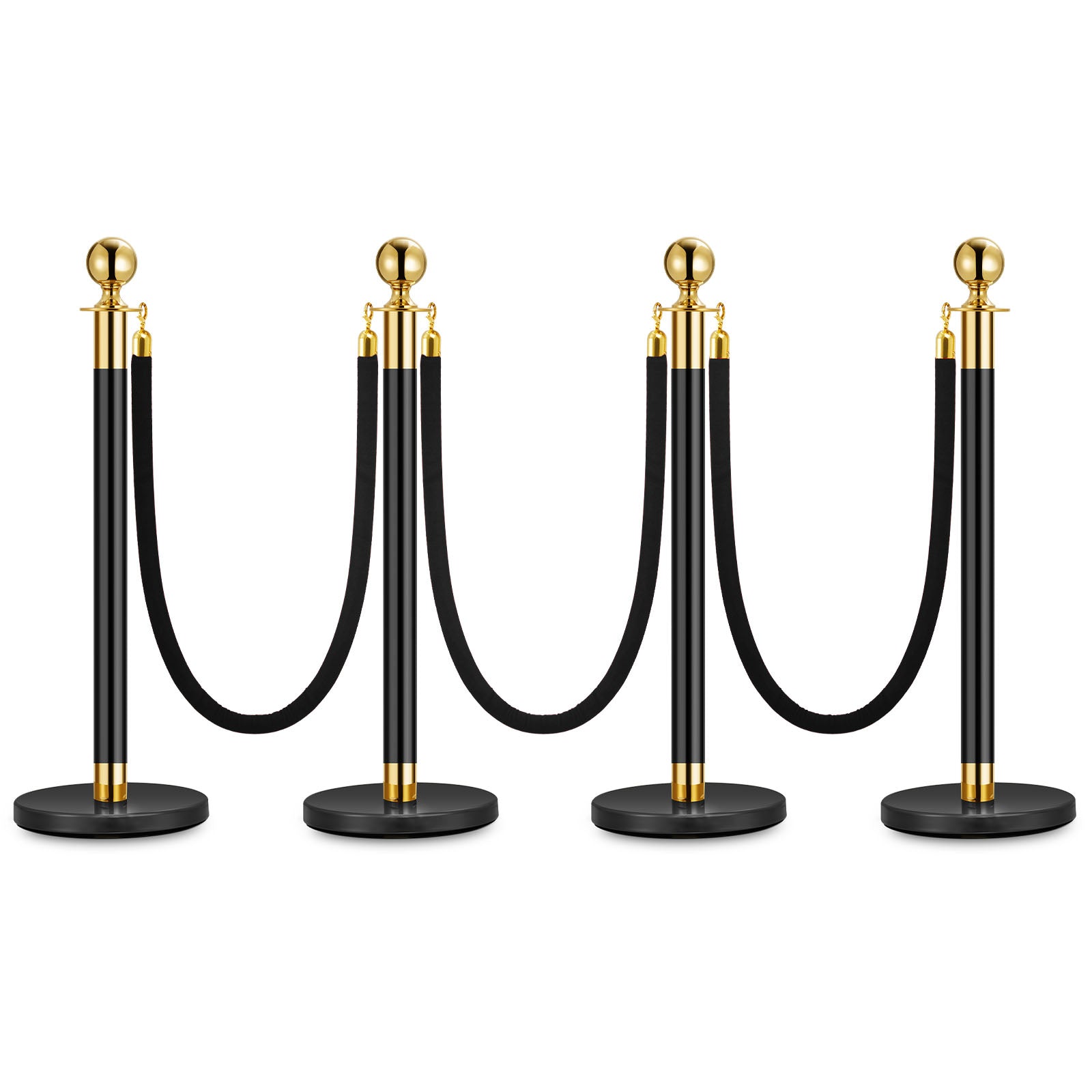Poteaux de 4 pièces Garvee avec corde en velours noir, acier inoxydable, 1,5 m, noirs, barrières pour fêtes et événements