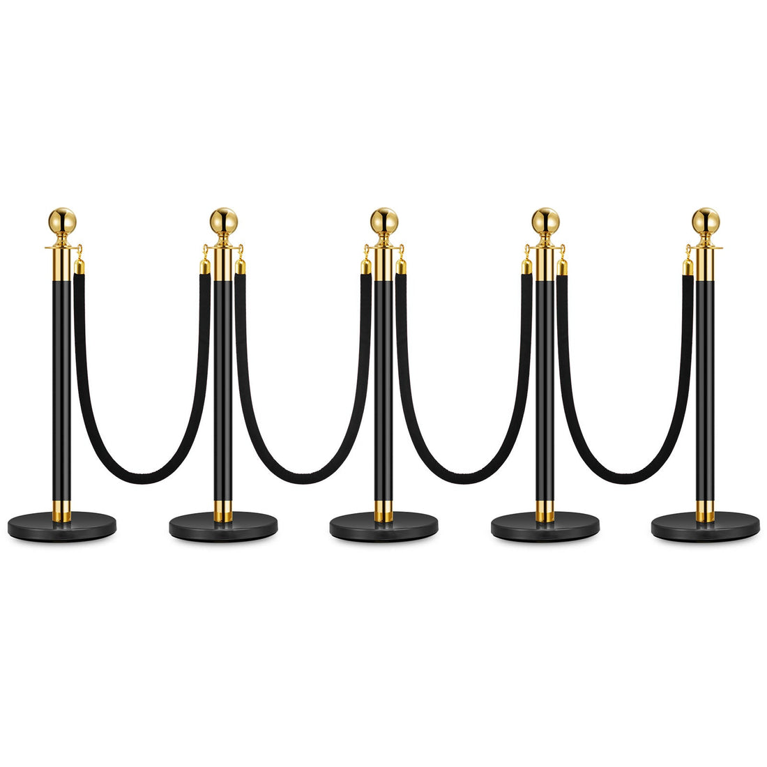 Garvee Lot de 5 Poteaux de Guidage Noirs avec 4 Cordons en Velours Noir 1,5 m, Barrières de Séparation pour Événements et Files d’Attente