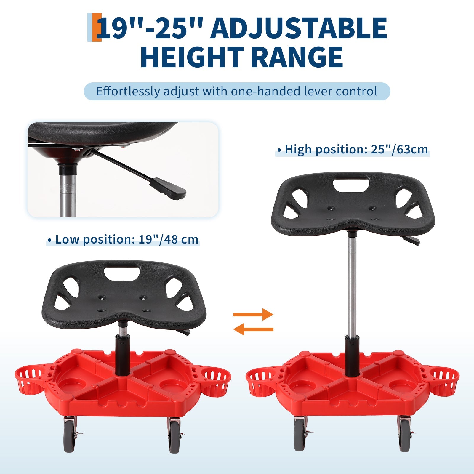 Garvee Tabouret roulant d'atelier, charge 136 kg, hauteur réglable de 48 à 64 cm, siège ergonomique, structure en acier, plateau à outils, rouge
