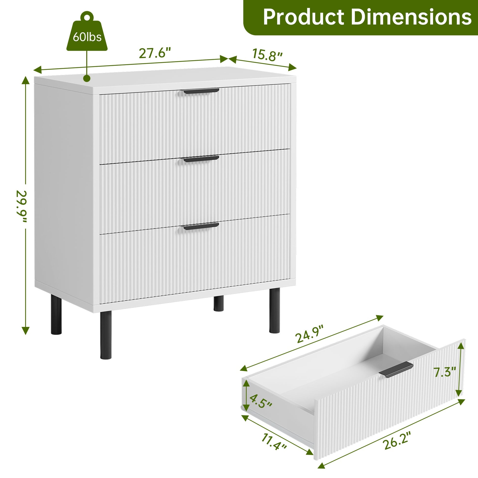 Garvee commode à 3 tiroirs cannelés avec pieds en métal et système anti-basculement, pour la chambre, 70 × 40 × 76 cm, blanc