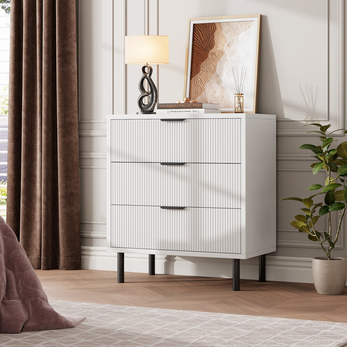 Garvee commode à 3 tiroirs cannelés avec pieds en métal et système anti-basculement, pour la chambre, 70 × 40 × 76 cm, blanc