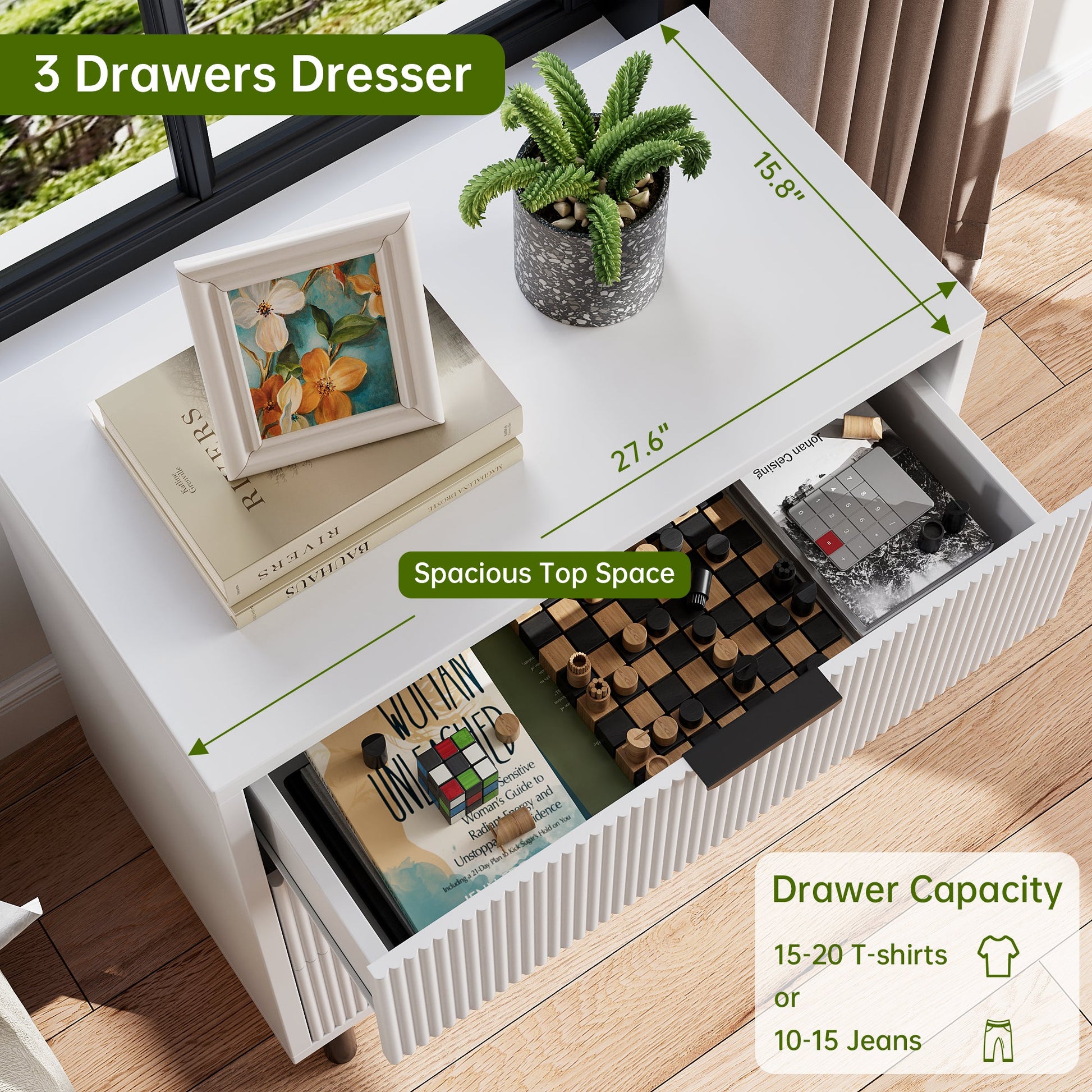 Garvee commode à 3 tiroirs cannelés avec pieds en métal et système anti-basculement, pour la chambre, 70 × 40 × 76 cm, blanc