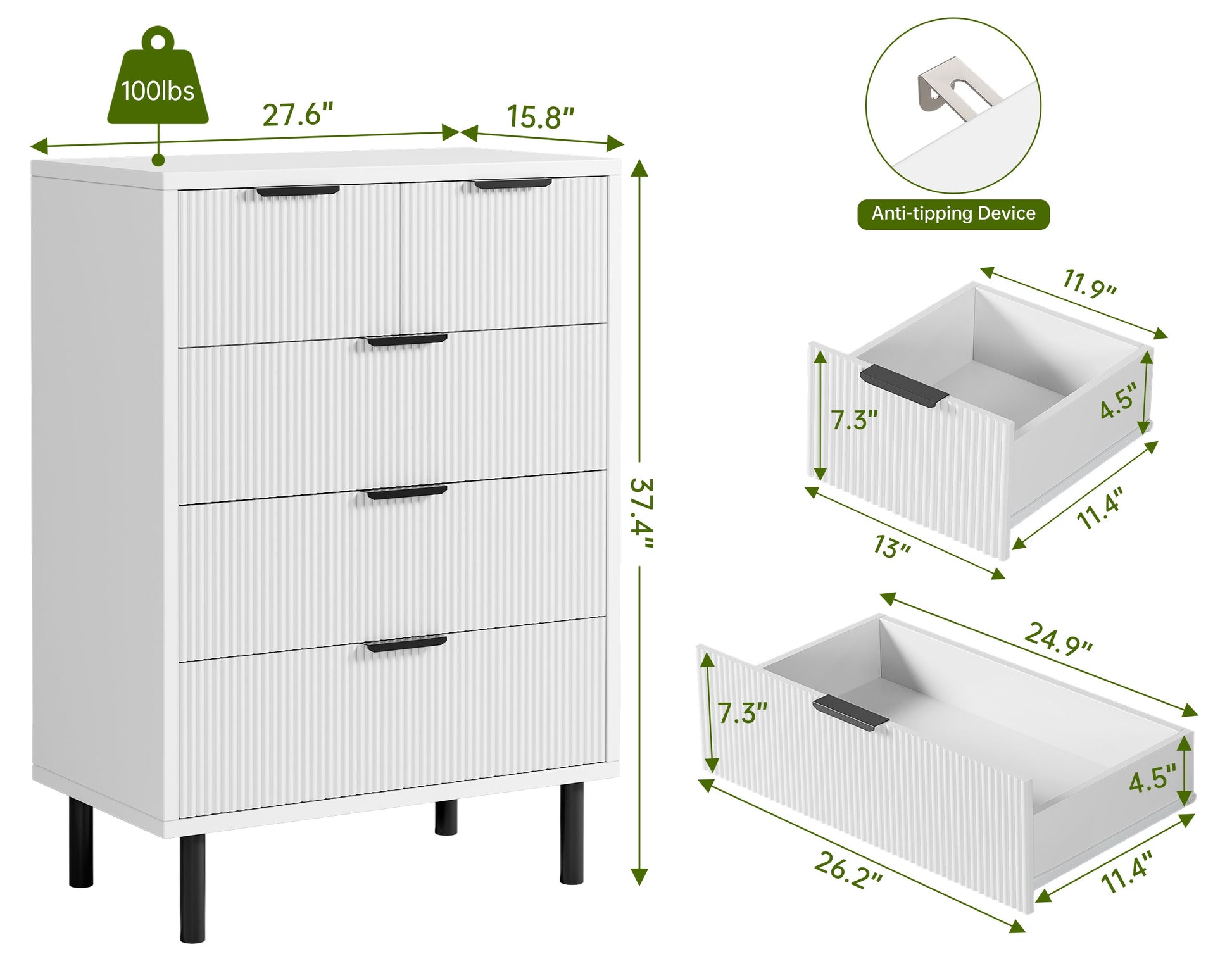 Commode Garvee White Wave à 5 tiroirs cannelés avec pieds en métal, idéale pour la chambre et le couloir. Style moderne et polyvalent. Grande taille.