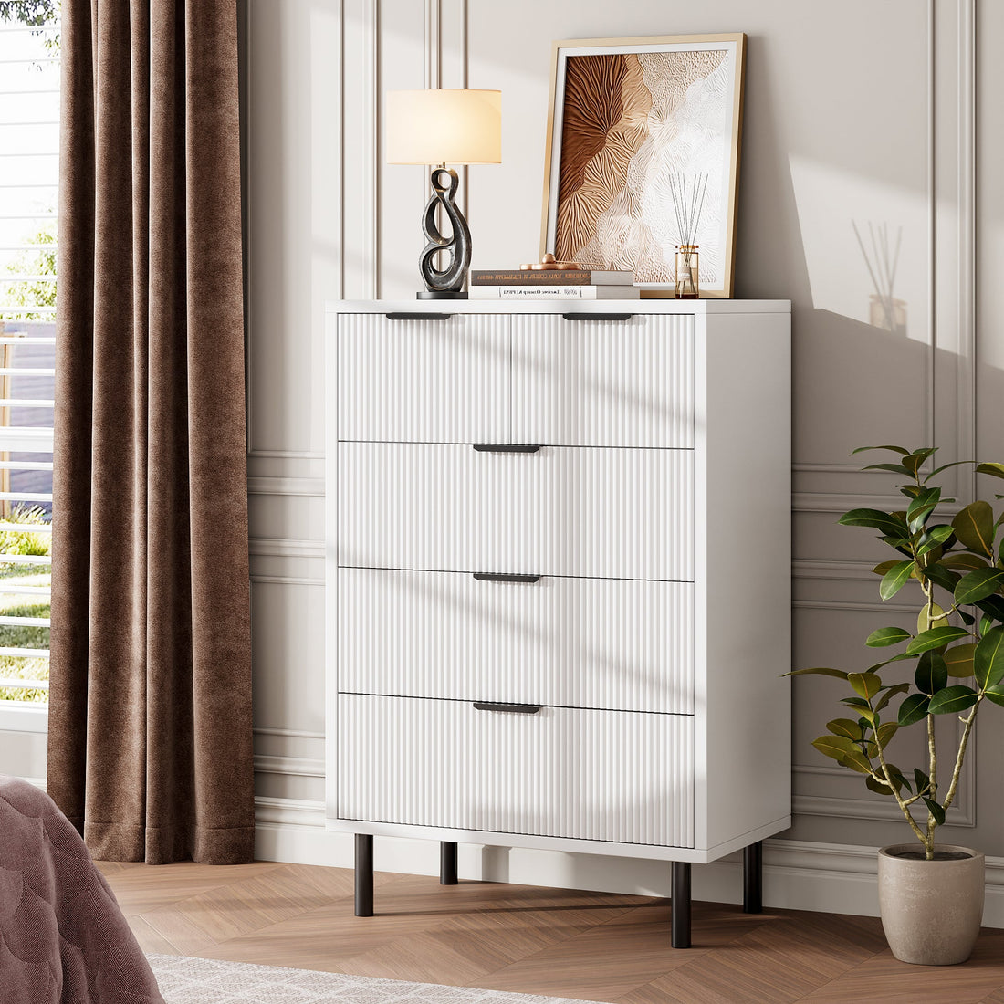 Garvee commode blanche ondulée à 5 tiroirs cannelés avec pieds en métal, idéale pour la chambre et le couloir, style moderne et polyvalent