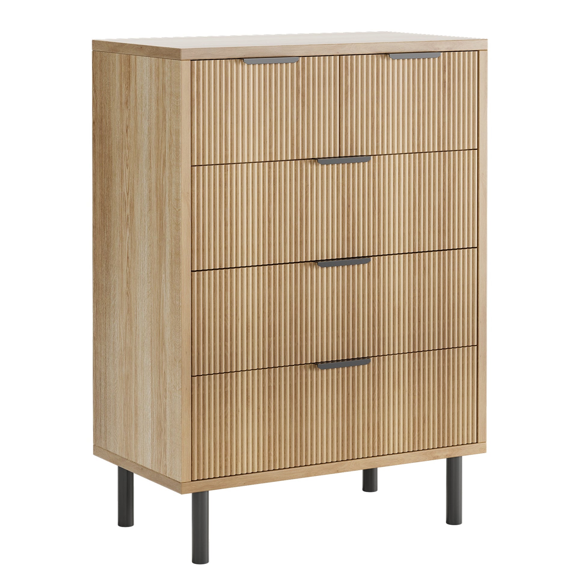 Commode Garvee en chêne cannelé à 5 tiroirs avec pieds en métal, idéale pour la chambre et l'entrée. Style moderne et robuste, coloris noir.