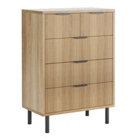 Commode Garvee en chêne cannelé à 5 tiroirs avec pieds en métal, idéale pour la chambre et l'entrée. Style moderne et robuste, coloris noir.