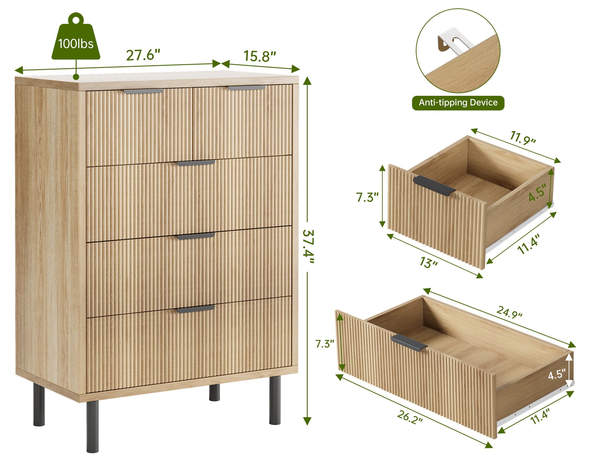 Commode Garvee en chêne cannelé à 5 tiroirs avec pieds en métal, idéale pour la chambre et l'entrée. Style moderne et robuste, coloris noir.