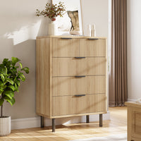Commode Garvee en chêne cannelé à 5 tiroirs avec pieds en métal, idéale pour la chambre et l'entrée. Style moderne et robuste, coloris noir.
