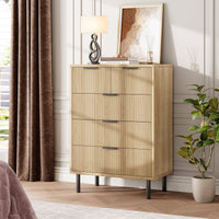 Commode Garvee en chêne cannelé à 5 tiroirs avec pieds en métal, idéale pour la chambre et l'entrée. Style moderne et robuste, coloris noir.