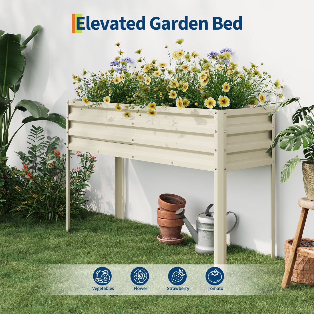 Potager surélevé galvanisé Garvee avec pieds, arrosage automatique, acier inoxydable, beige, pour jardin et terrasse, 127 x 43 x 81 cm