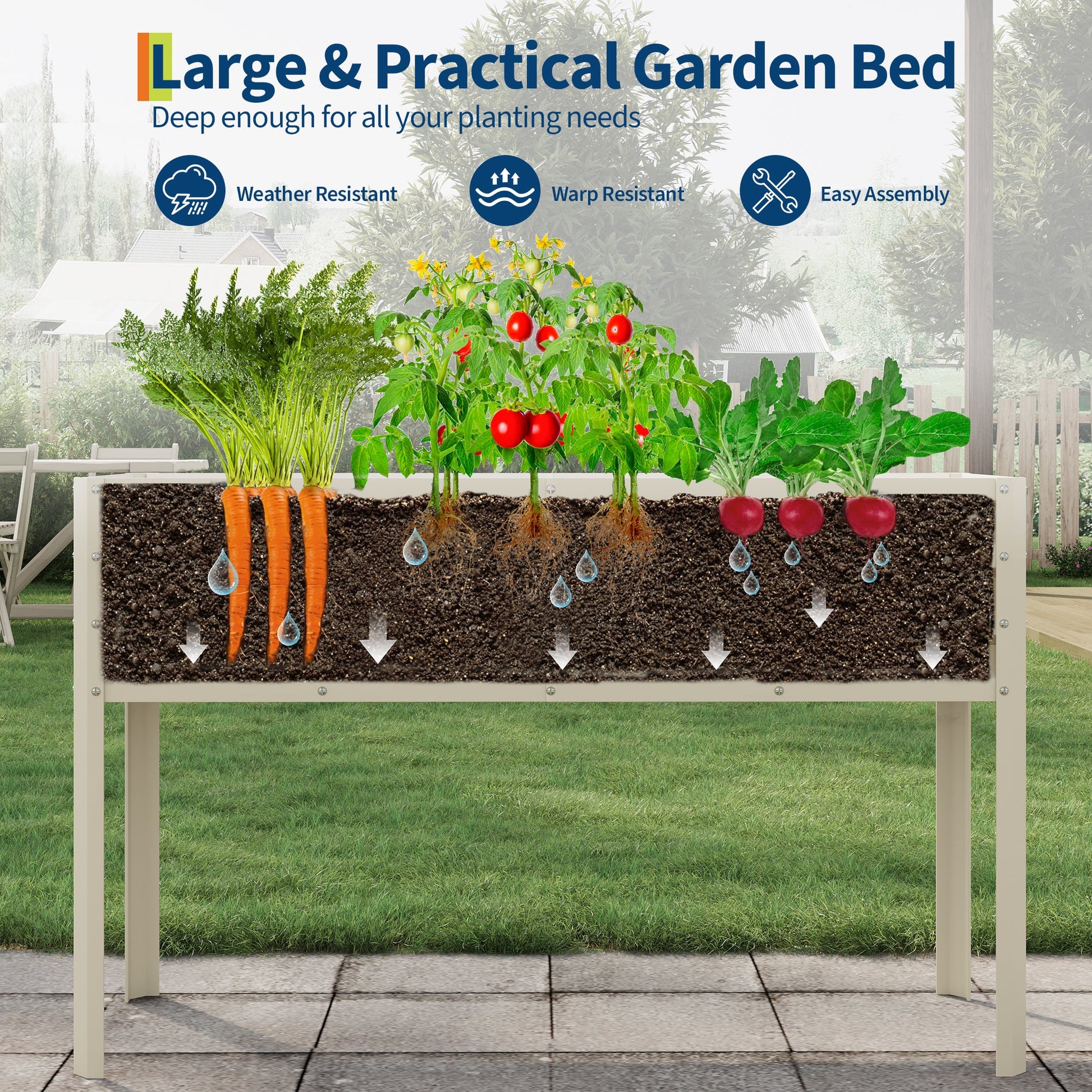 Potager surélevé galvanisé Garvee avec pieds, arrosage automatique, acier inoxydable, beige, pour jardin et terrasse, 127 x 43 x 81 cm