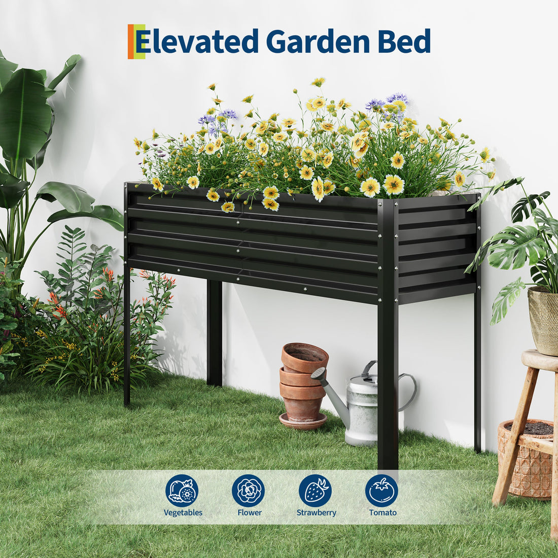 Potager surélevé galvanisé Garvee avec pieds, arrosage automatique, acier inoxydable, modulaire, 127 x 43 x 81 cm, noir, pour jardin et terrasse