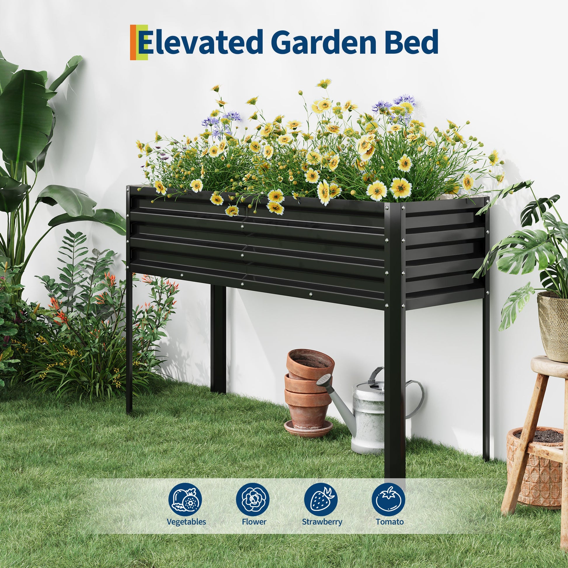 Potager surélevé galvanisé Garvee avec pieds, arrosage automatique, acier inoxydable, modulaire, 127 x 43 x 81 cm, noir, pour jardin et terrasse