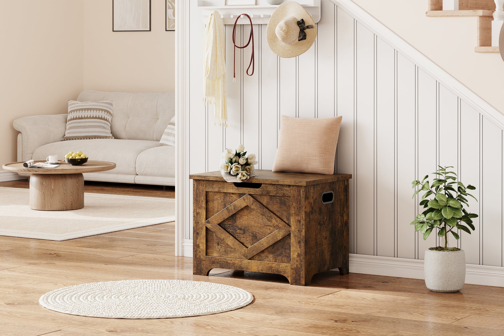 Banc de rangement en bois Garvee de 60 cm avec rabat de sécurité, grand espace de rangement pour salon et chambre, robuste et polyvalent, marron