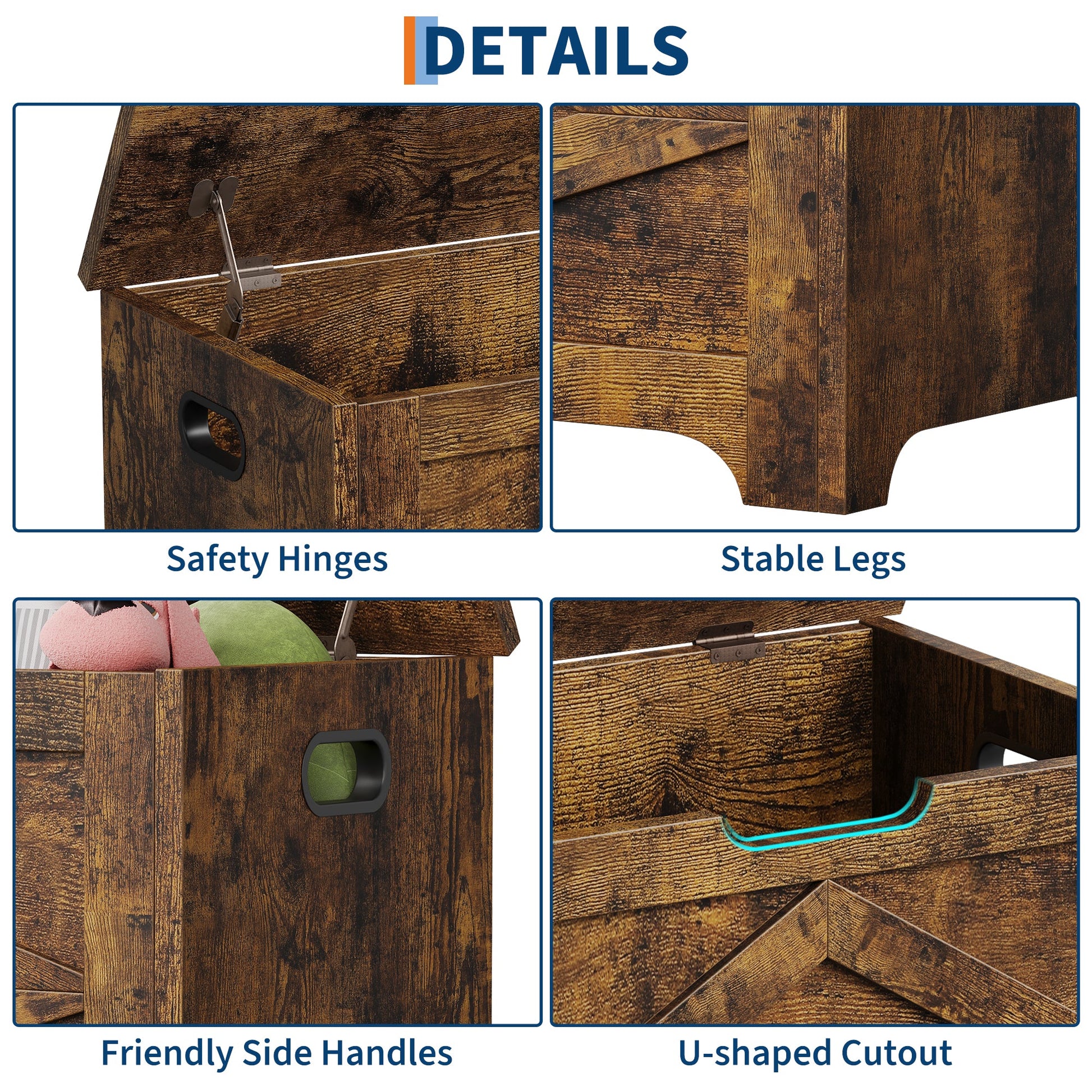 Banc de rangement en bois Garvee de 60 cm avec rabat de sécurité, grand espace de rangement pour salon et chambre, robuste et polyvalent, marron