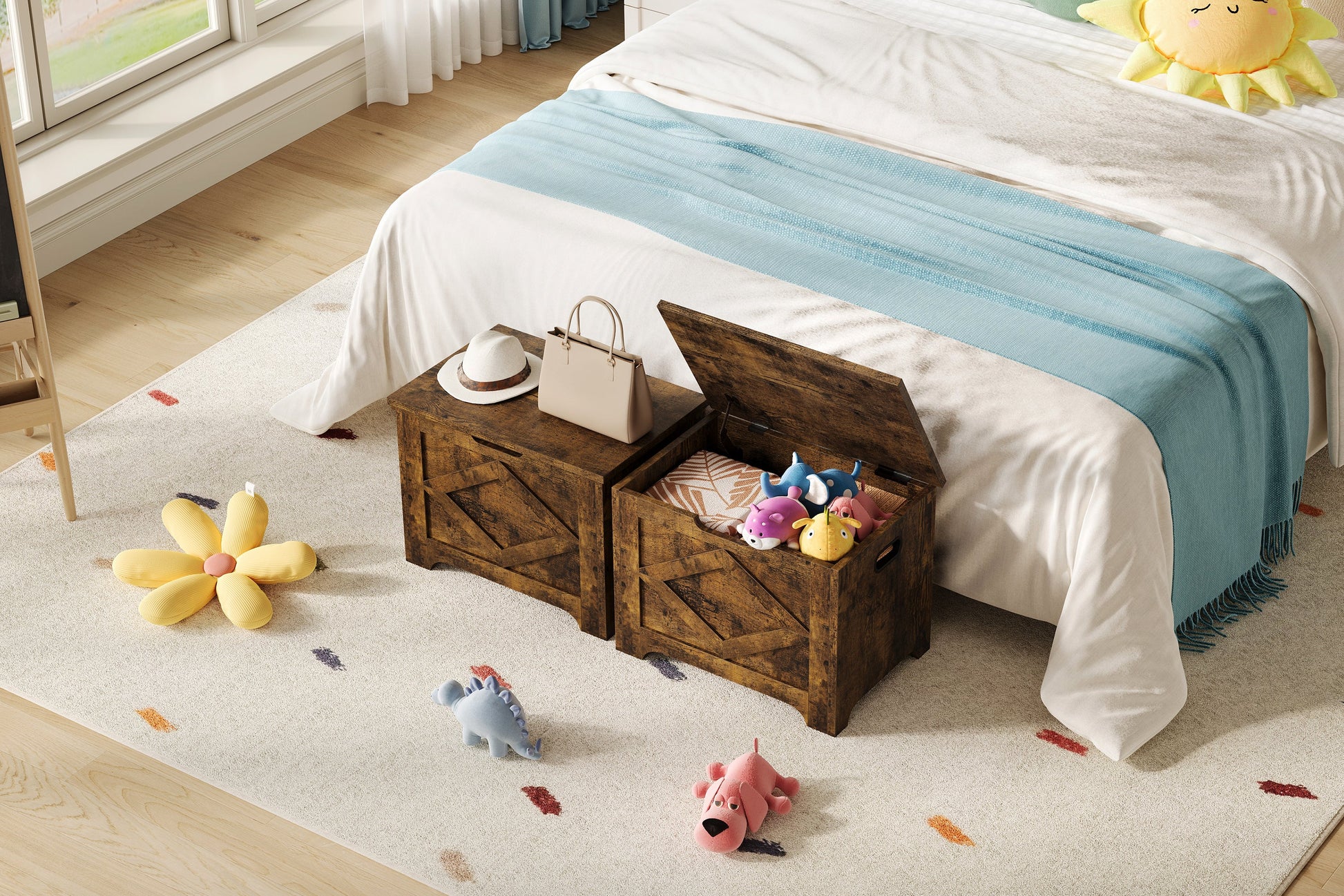 Banc de rangement en bois Garvee de 60 cm avec rabat de sécurité, grand espace de rangement pour salon et chambre, robuste et polyvalent, marron