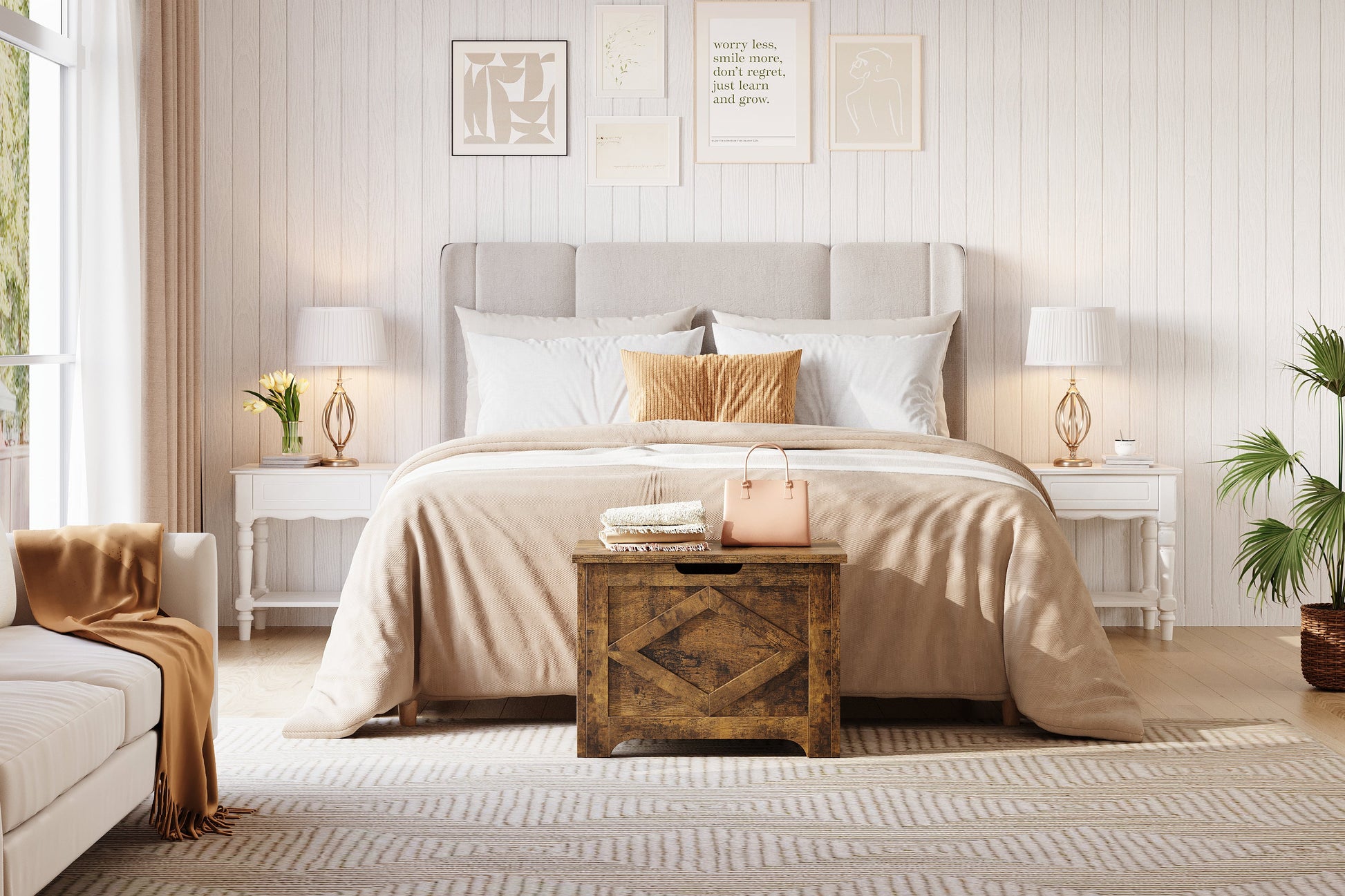 Banc de rangement en bois Garvee de 60 cm avec rabat de sécurité, grand espace de rangement pour salon et chambre, robuste et polyvalent, marron