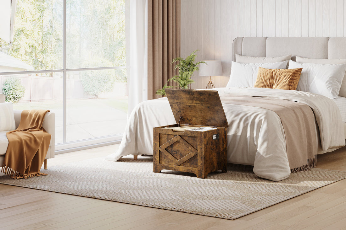 Banc de rangement en bois Garvee de 60 cm avec rabat de sécurité, grand espace de rangement pour salon et chambre, robuste et polyvalent, marron