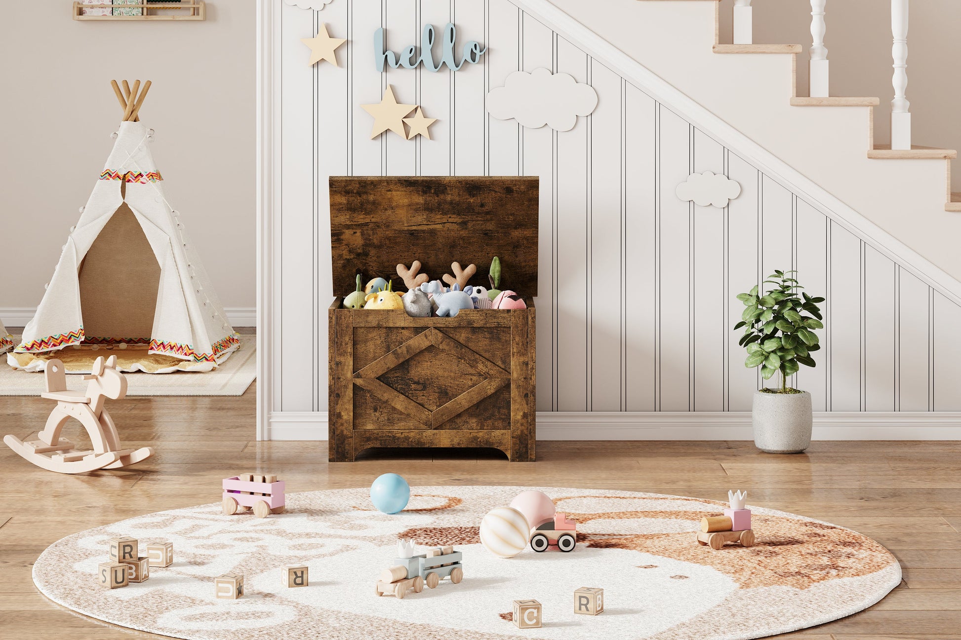 Banc de rangement en bois Garvee de 60 cm avec rabat de sécurité, grand espace de rangement pour salon et chambre, robuste et polyvalent, marron