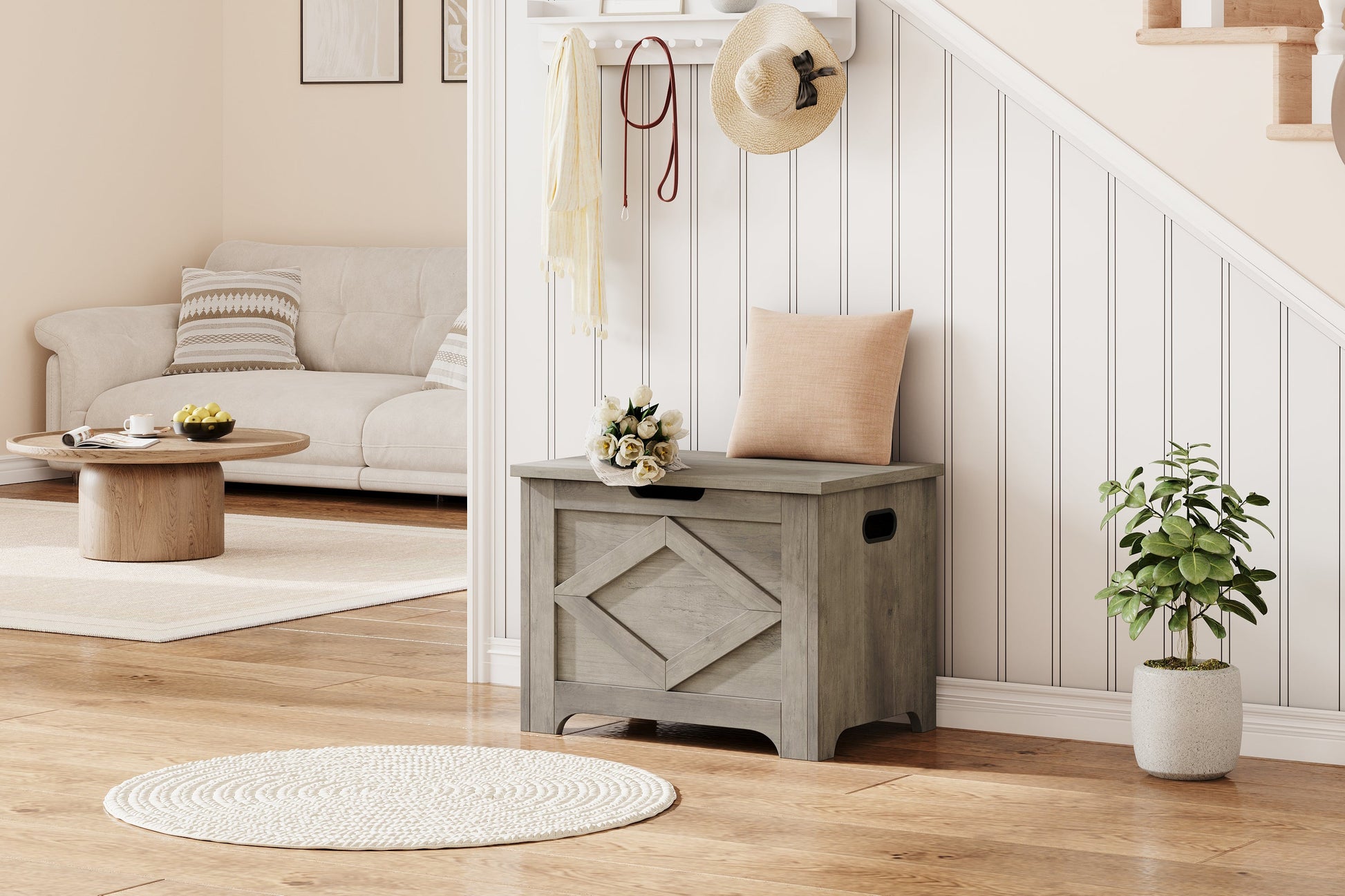 Banc de rangement en bois Garvee de 60 cm (23,6 po) avec charnières de sécurité, grande capacité pour le salon et la chambre, robuste et polyvalent, marron