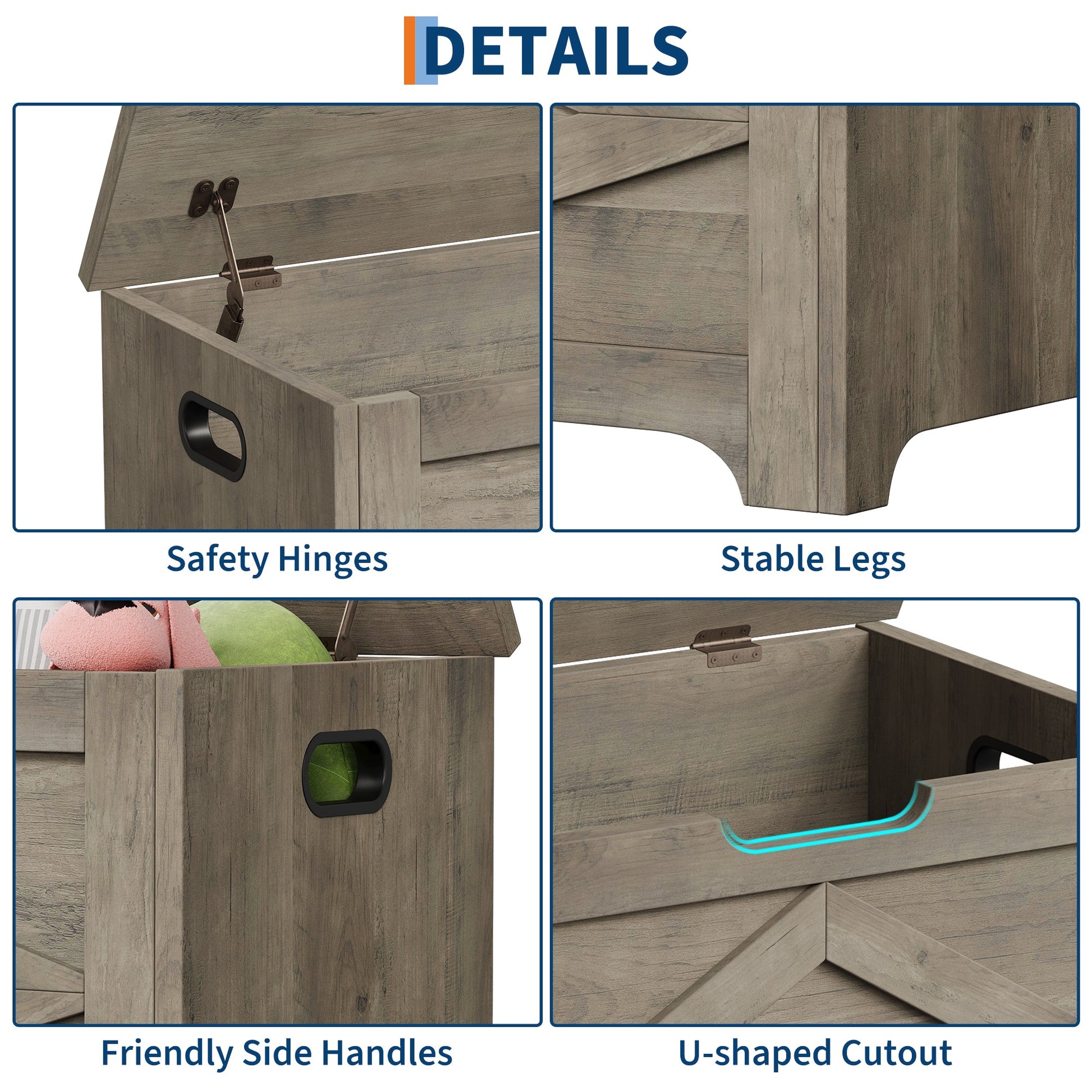 Banc de rangement en bois Garvee de 60 cm (23,6 po) avec charnières de sécurité, grande capacité pour le salon et la chambre, robuste et polyvalent, marron