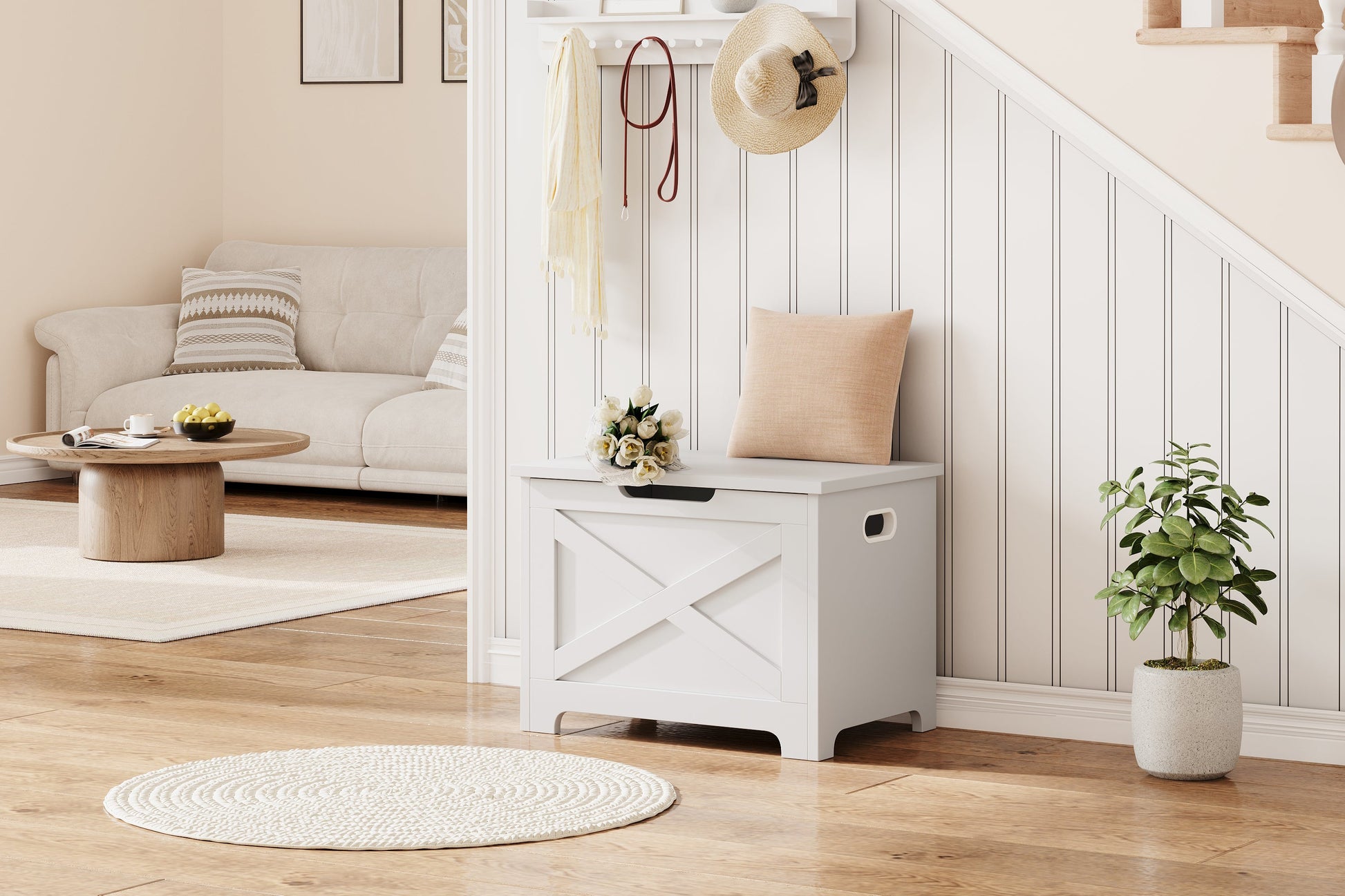 Banc de rangement en bois Garvee 60 cm avec verrou de sécurité, grande capacité, robuste pour salon et chambre, marron