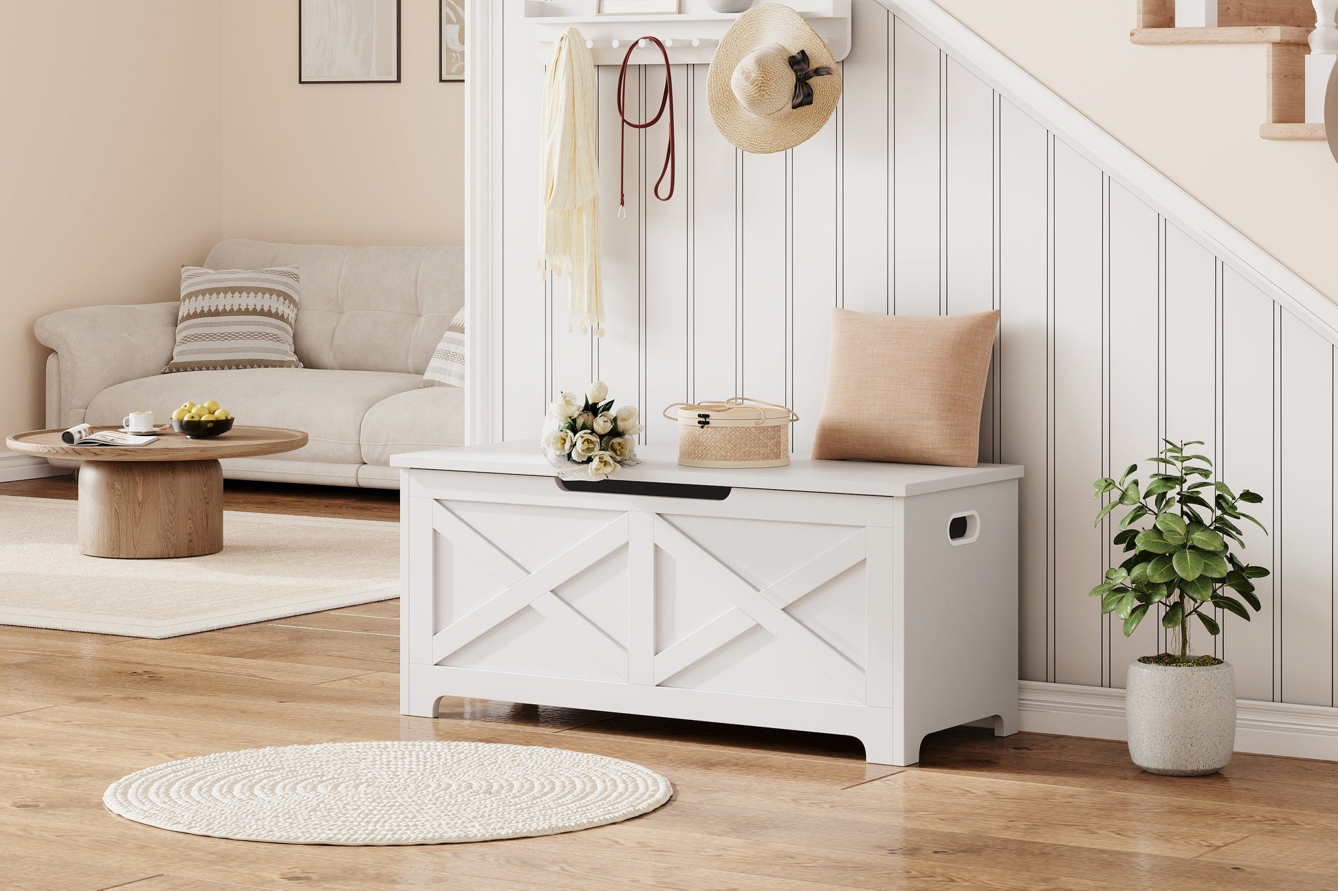 Banc de rangement en bois Garvee 100 cm (39,4 po) avec charnières de sécurité, grande capacité, pour salon et chambre, stable et polyvalent, marron