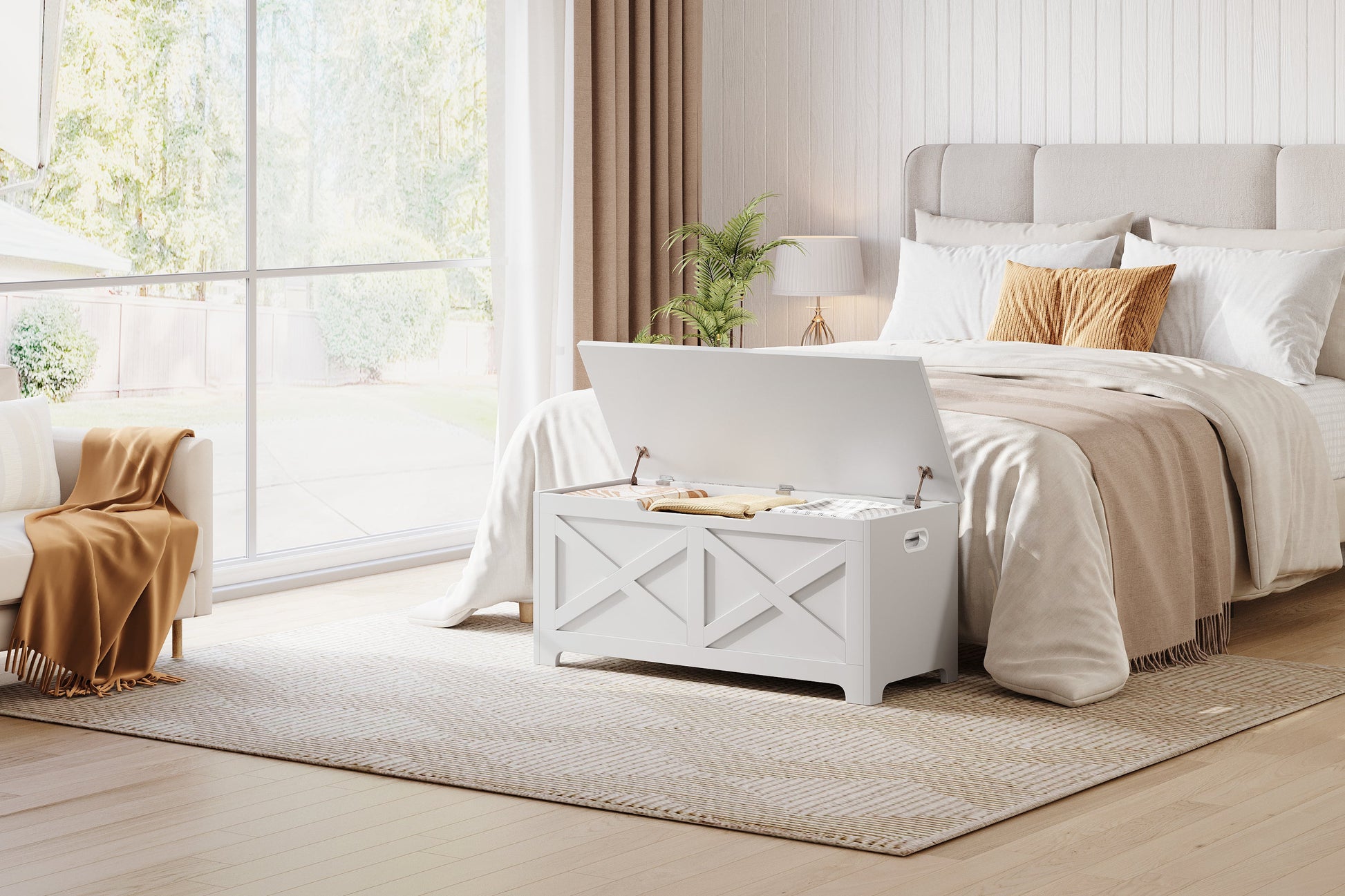 Banc de rangement en bois Garvee 100 cm (39,4 po) avec charnières de sécurité, grande capacité, pour salon et chambre, stable et polyvalent, marron