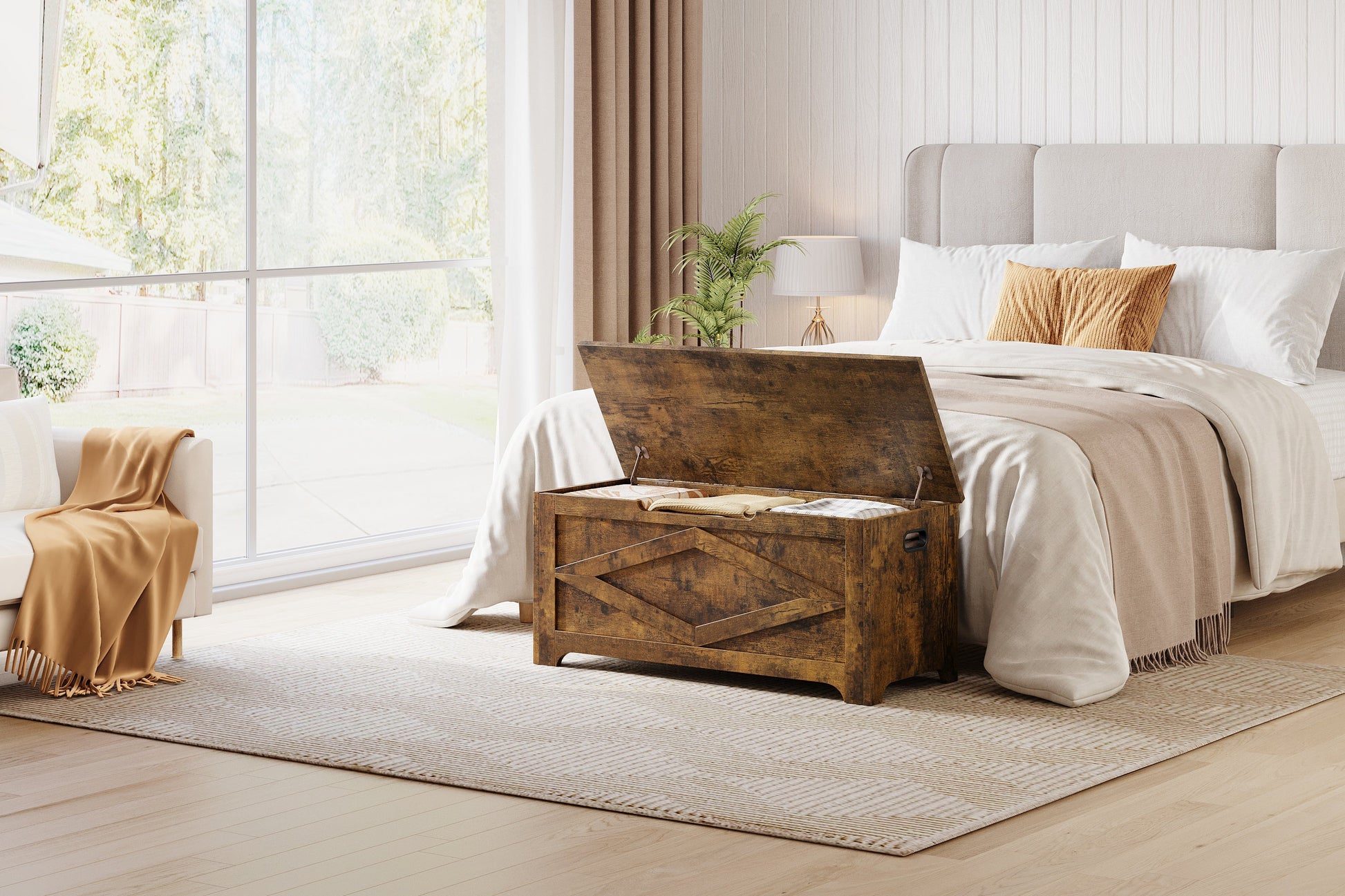 Banc de rangement en bois Garvee 100 cm (39,4 po) avec charnières de sécurité, grande capacité pour le salon et la chambre, robuste et polyvalent, marron