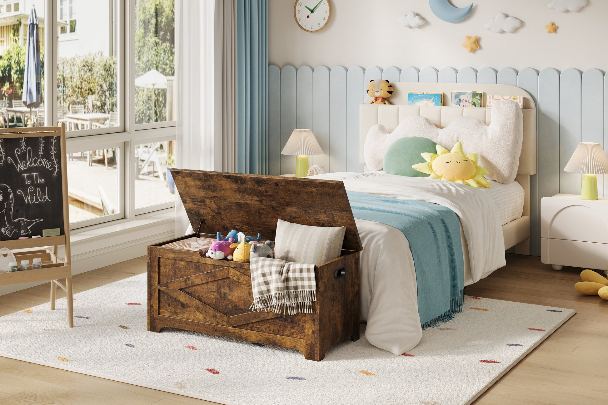 Banc de rangement en bois Garvee 100 cm (39,4 po) avec charnières de sécurité, grande capacité pour le salon et la chambre, robuste et polyvalent, marron