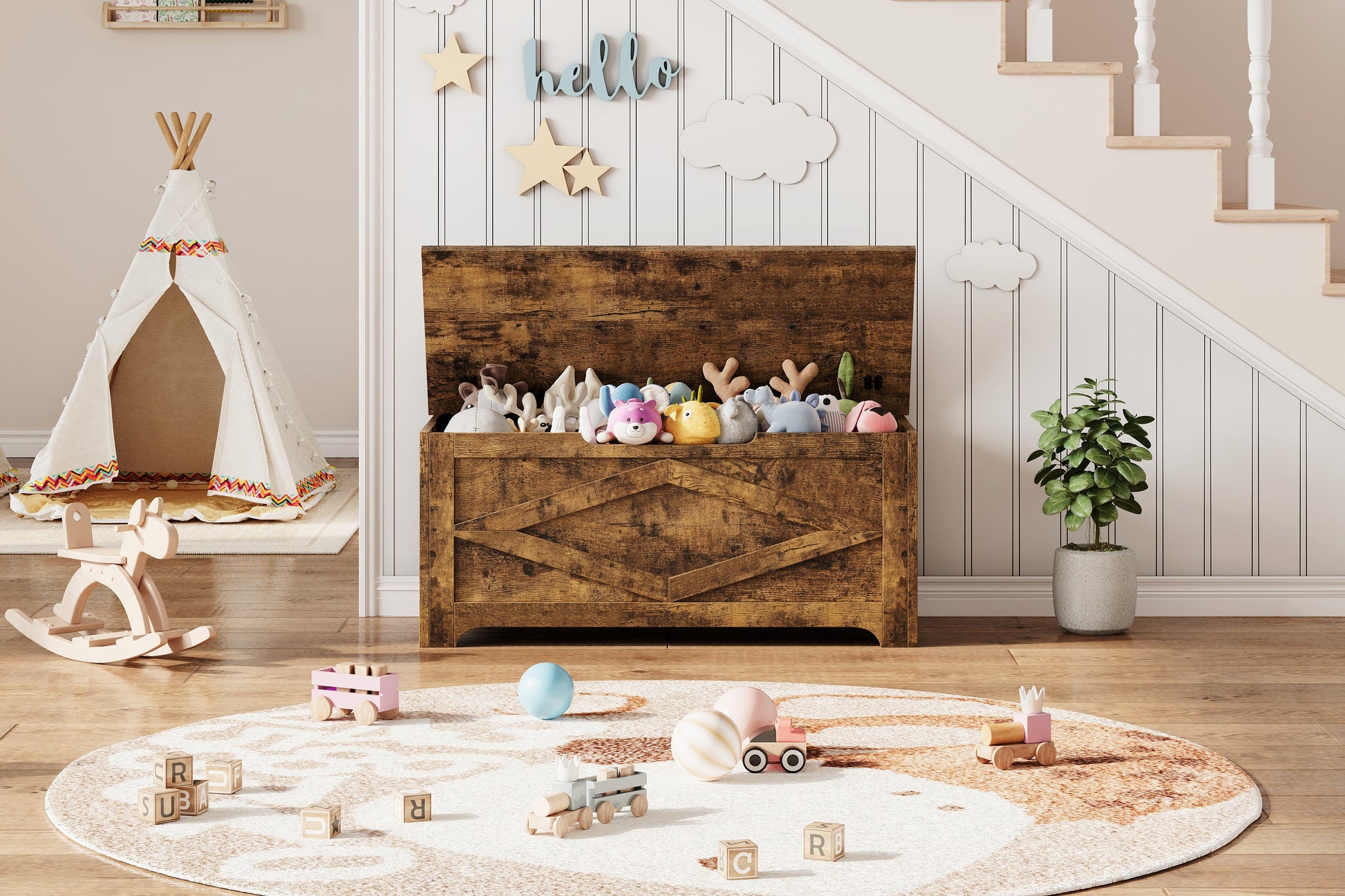 Banc de rangement en bois Garvee 100 cm (39,4 po) avec charnières de sécurité, grande capacité pour le salon et la chambre, robuste et polyvalent, marron