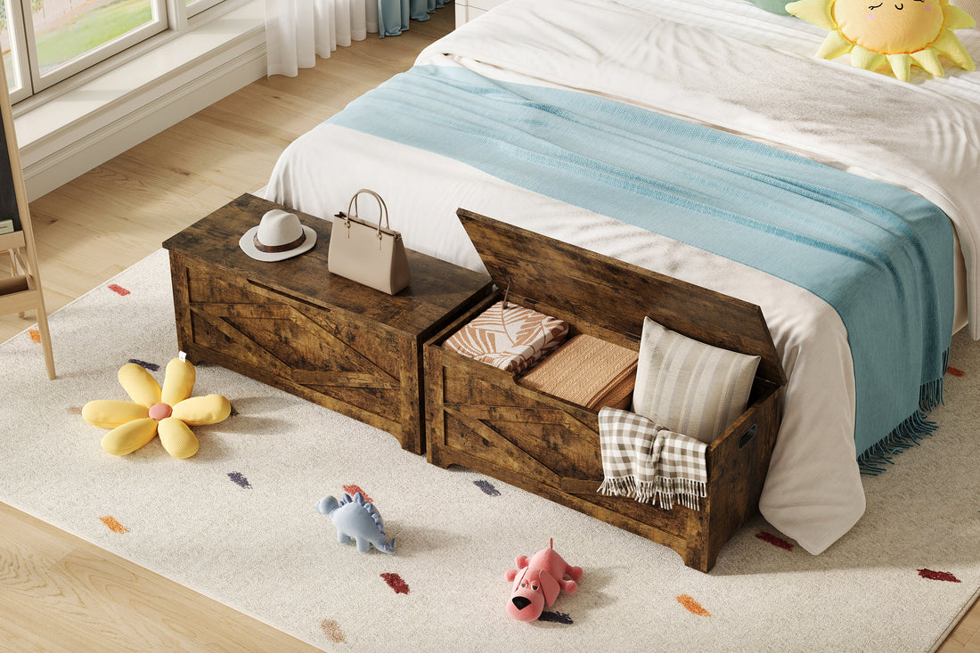 Banc de rangement en bois Garvee 100 cm (39,4 po) avec charnières de sécurité, grande capacité pour le salon et la chambre, robuste et polyvalent, marron