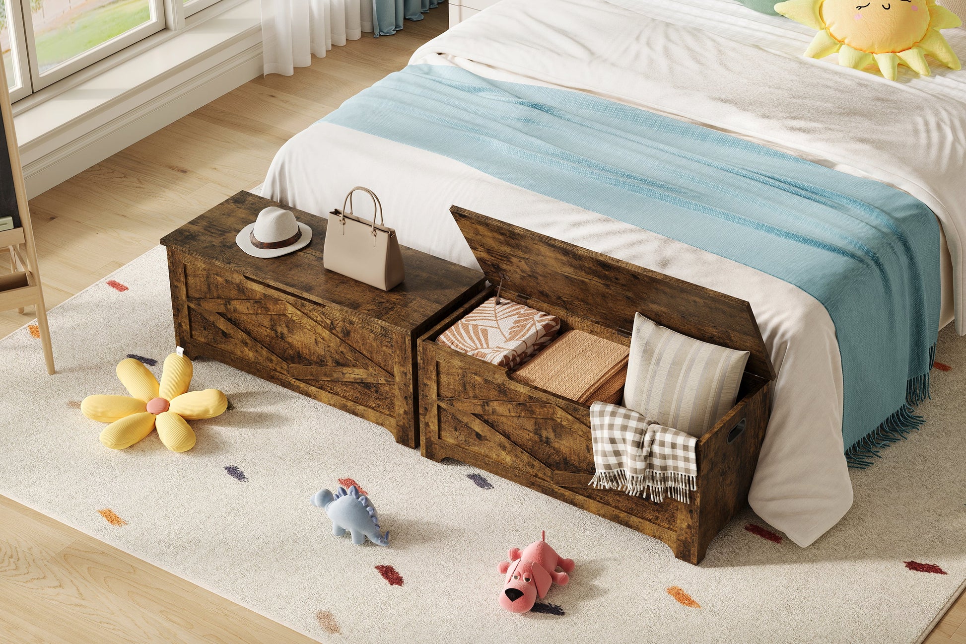 Banc de rangement en bois Garvee 100 cm (39,4 po) avec charnières de sécurité, grande capacité pour le salon et la chambre, robuste et polyvalent, marron